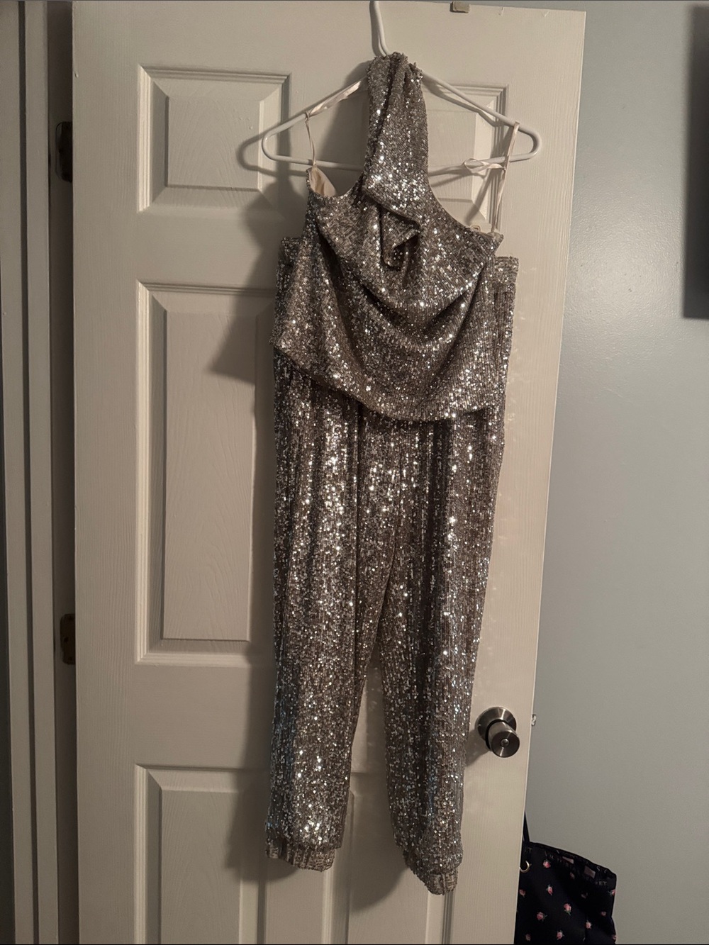 Gianni Bini Silver Sequin One-Shoulder Jumpsuit